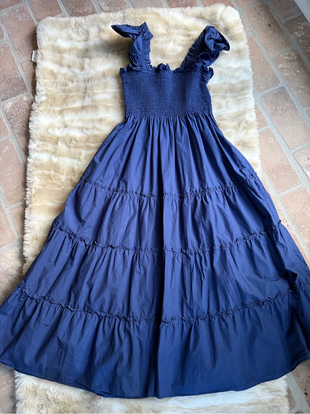 Midi Ruffle Strap Smocked Dress in Navy